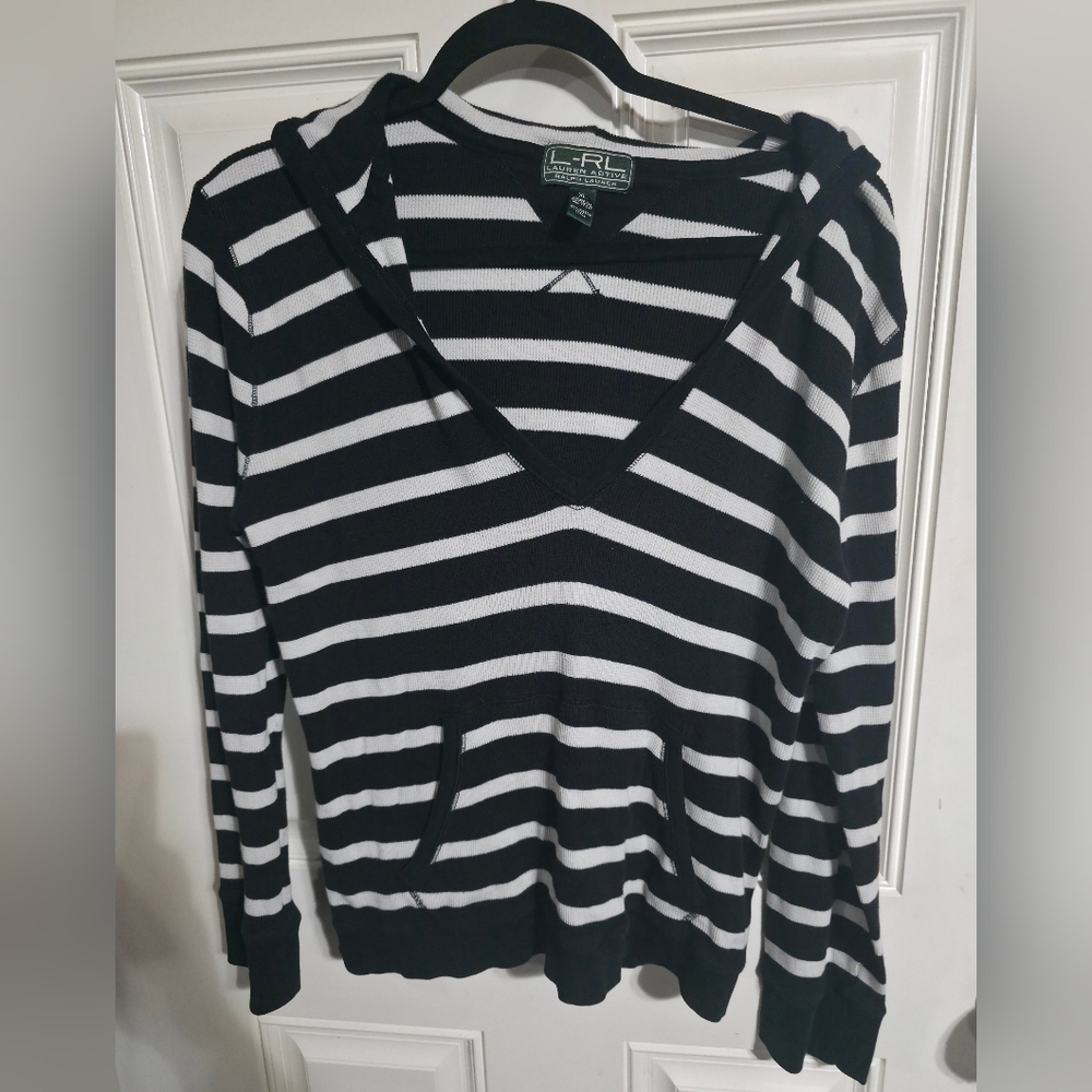 Lauren Ralph Lauren Women's Black and White V-Neck Sweater Shirtbwith Hood XL
